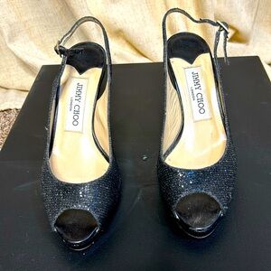 Jimmy Choo Nova Platform peep toe, black glitter sling back.